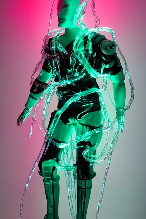 Image similar to full-body rococo and cyberpunk style mint neon and ceramic statue of a muscular attractive Spanish android god humanoid wearing a thing see-through plastic cloak sim roupa, posing like a super hero, suspended to the wall thick clear cables around his wrists, glowing mint face, crown of red steampunk lasers, emeralds, swirling silver silk fabric. futuristic elements. oozing glowing liquid, full-length view. space robots. human skulls. throne made of bones, intricate artwork by caravaggio. Trending on artstation, octane render, cinematic lighting from the right, hyper realism, octane render, 8k, depth of field, 3D