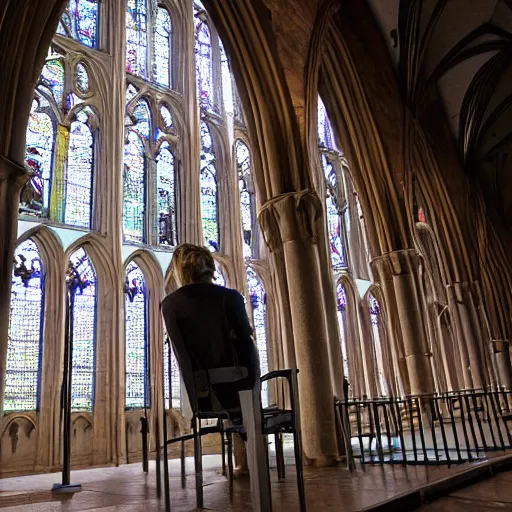 Prompt: a giant using a cathedral as his personal chair