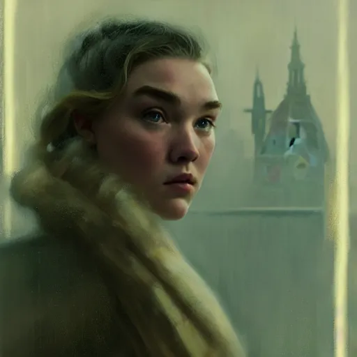 Image similar to florence pugh, hyperrealistic portrait, bladerunner street, art of elysium by jeremy mann and alphonse mucha, fantasy art, photo realistic, dynamic lighting, artstation, poster, volumetric lighting, very detailed face, 4 k, award winning