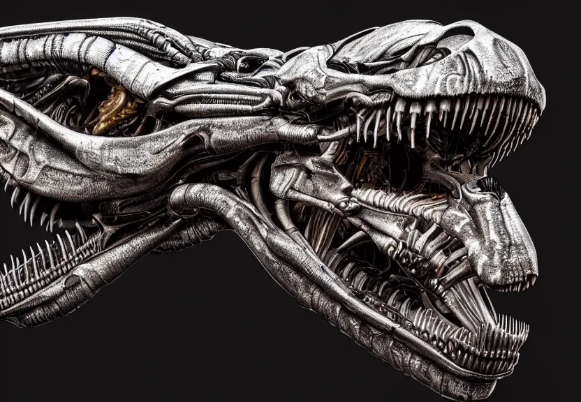 Prompt: extremely detailed. a gem tone cybernetic tyrannosaurus rex engine. iridescent biomechanical giger ’ s xenomorph. the thing. detailed and intricate environment, hyperrealism, black background, detailed and intricate environment, reflective, dynamic lighting, rembrandt, 8 k