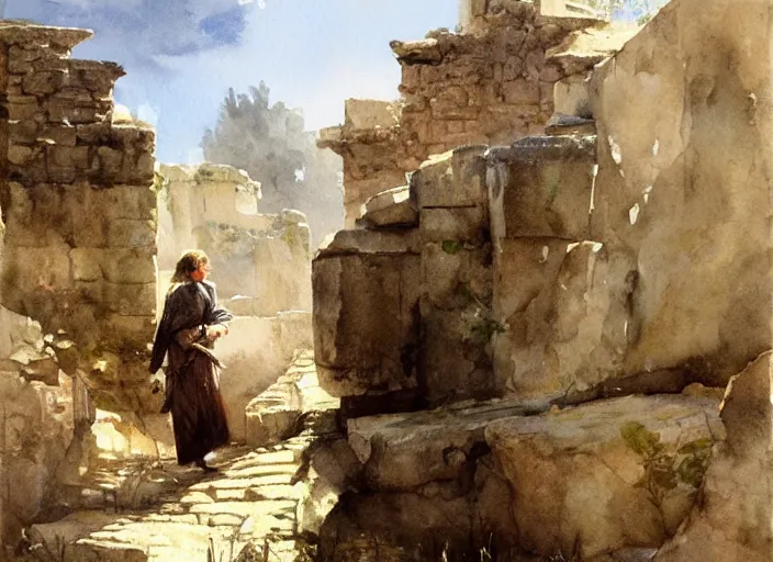 Prompt: watercolor painting of cat exploring rocky roman ruins, stone walls, very beautiful ambient lighting, sun rays, dust, art by anders zorn, wonderful masterpiece by greg rutkowski, cinematic light, american romanticism by greg manchess, creation by tyler edlin