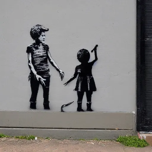 Image similar to a street art of thread connecting brother and sister by banksy