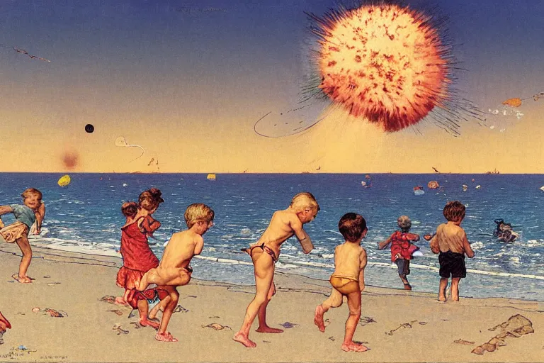 Image similar to children playing at the beach, huge atomic explosion in the background, wide angle shot, detailed, by norman rockwell, by mattias adolfsson, by moebius, oil on canvas,