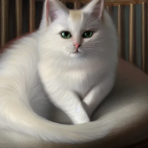 Prompt: a beautiful painting of a blonde cat sitting on a fluffy pillow in a big chair by Aaron Blaise and blizzard entertainment, highly detailed, trending on artstation, unreal engine, octane render, 4k