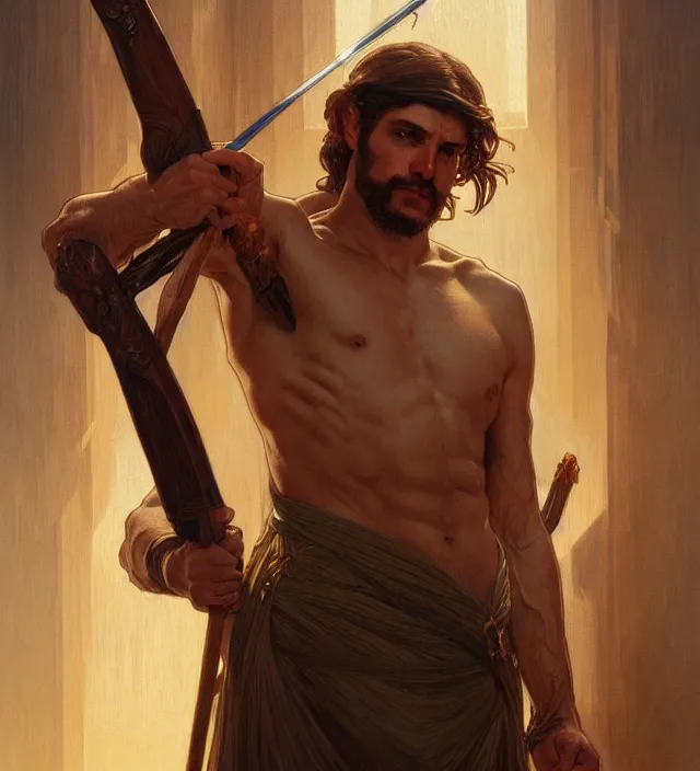 Image similar to portrait of biblical cain holding a spear, intricate, headshot, highly detailed, digital painting, artstation, concept art, sharp focus, cinematic lighting, illustration, art by artgerm and greg rutkowski, alphonse mucha, cgsociety