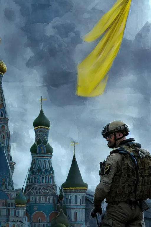 Image similar to special forces soldier raising ukrainian blue and yellow flag, kremlin st. basil cathedral in the background, masculine figure, d & d, fantasy, bright atmosphere, volumetric lights, intricate, elegant, extremely detailed, digital painting, artstation, concept art, matte, smooth, sharp focus, hyper realistic, illustration, art by artgerm and greg rutkowski and alphonse mucha