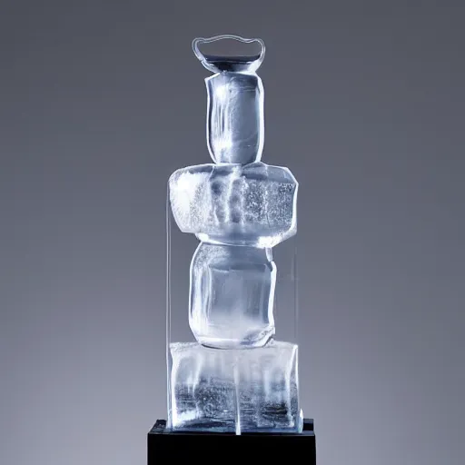 Prompt: Ice sculpture form of hot water bag, white background