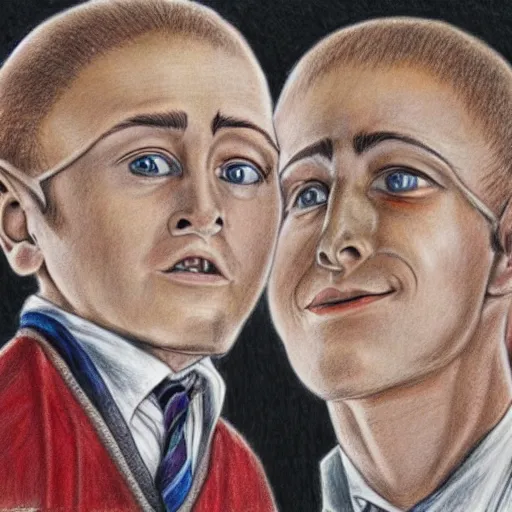 Image similar to coloured pencil drawing of charachters from harry potter looking at each other, trending