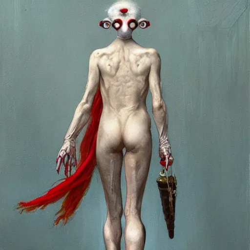 Image similar to professional portrait of an humanoid white and red strange creature from carpenter the thing and alien and gremlins, walking in a street with a icecream, hight detailed painting by gustave courbet and greg rutkowski, peter mohrbacher, joseph christian leyendecker, nice studio lighting, smooth tiny details, soft and clear shadows, low contrast, fashion photograhy, perfect