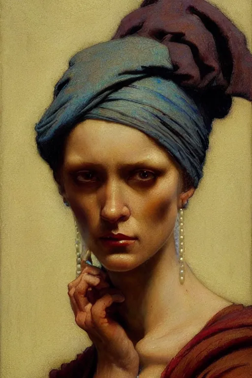 Image similar to full character portrait system shock character not the girl with the pearl earring character design, painting by gaston bussiere, katsuya terada, nc wyeth, greg rutkowski, craig mullins, vermeer, frank frazetta, mucha, tom of finland, trending on artstation, jeffery catherine jones