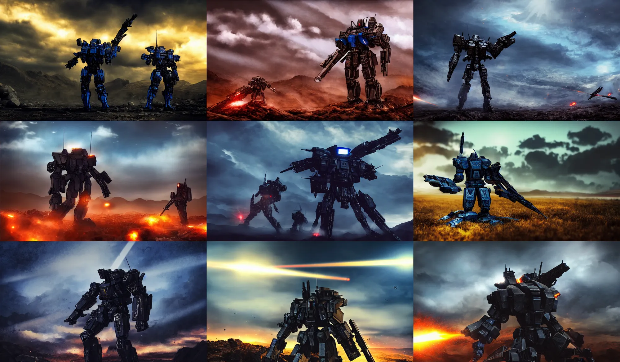 Prompt: an armored core v by kashin, wadim, booster flares, legs, laser rifles, karst landscape, outdoor, dark blue sky, cloud, wilderness ground, golden time, twilight ; wide shot, digital painting, photoreal, cinematic contrast, dynamic backlighting, sharp edge, motion blur