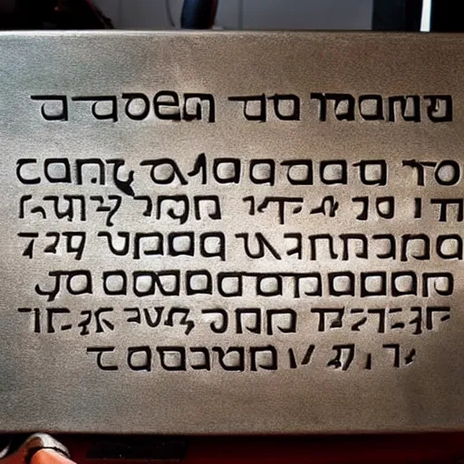 Image similar to dreambot scripture engraved on slabs of metal, computers