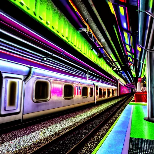 Image similar to underground train station, futuristic, neon colours, highly saturated, high def, 8 k, hd, highly detailed,