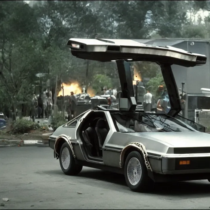 Image similar to back to the future 2, movie still, 4 k, movie grain, remastered, tesla cybertruck instead of a delorean, cinema, dramatic illumination, detailed, real,