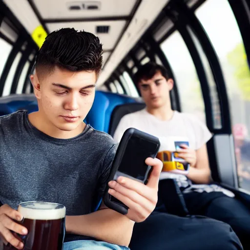Image similar to a tired young university student in a black shirt with slick hair and round face is riding in a crowded bus. student is holding a bottle of dark beer and is looking at his smartphone. professional photo, 4 k, bokeh, 5 0 mm