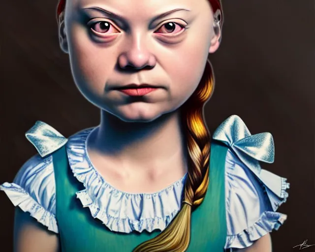 Image similar to closeup profile portrait of a greta thunberg as alice in wonderland, nicoletta ceccoli, mark ryden, lostfish, max fleischer, hyper realistic, artstation, illustration, digital paint, matte paint, vivid colors, bright, cheerful, detailed and intricate environment