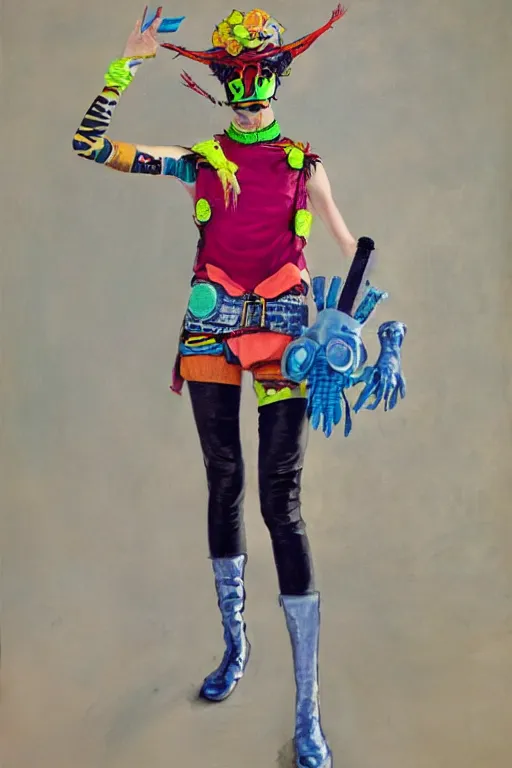 Prompt: a character wearing a diy! costume, punk, with fluo colored details and a transparent helmet, muted colors, vivienne westwood, nausicaa, hyper real painting