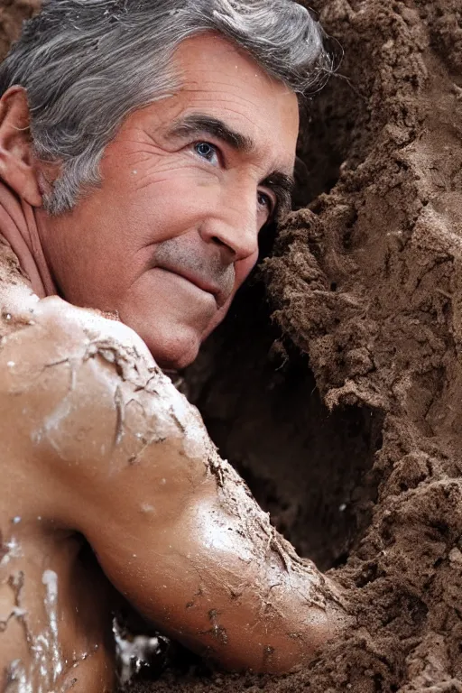 Image similar to cinematic still randy mantooth covered in mud squeezing out of a giant hole made of flesh and hair, 4 k, dramatic lighting