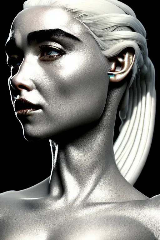 Image similar to bw contrasted close - up profile face, black background, daenerys targaryen - dragon - cyborg - female, 1 5 0 mm, beautiful natural soft rim light, silver gold details, magnolia leaves and stems, roots, mandelbot fractal, elegant, ultra detailed, white metallic armour, octane render, h. r. giger style