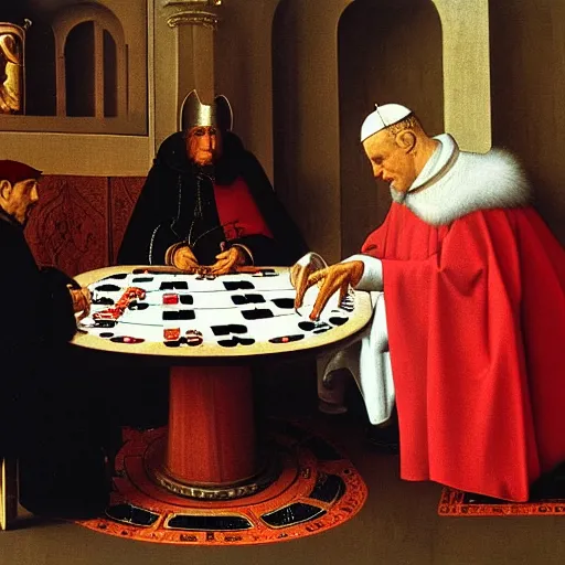 Prompt: the pope playing poker with satan, by van eyck