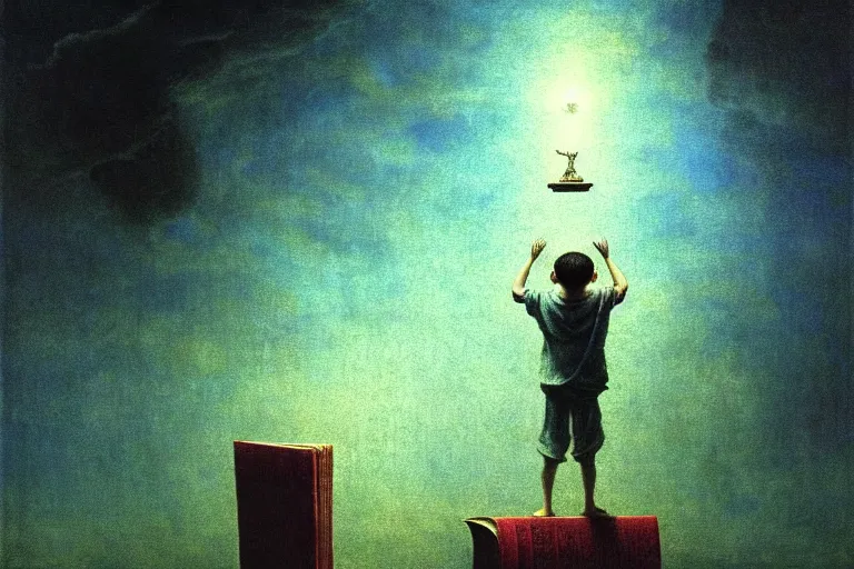 Prompt: boy standing on the opened book and looking at other books floating in the air, in the style of beksinski, intricate and epic composition, sky blue by caravaggio, insanely quality, highly detailed, masterpiece, milk white light, artstation, 4 k