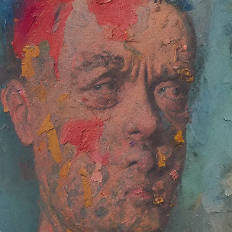 Image similar to colorfully tinted Antique tintype of Beautiful warmly lit close up expressionistic oil painting studio portrait of very angry! Tom Hanks, impasto oil painting heavy brushstrokes by Cy Twombly and Anselm Kiefer , trending on artstation dramatic lighting abstract Expressionism