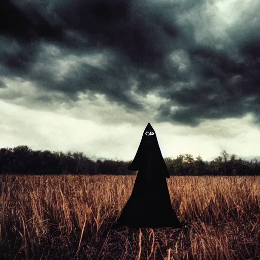 Prompt: vintage photo of a traditional 19th century pagan Halloween costume dark clouds in the sky, photo journalism, photography, cinematic, national geographic photoshoot