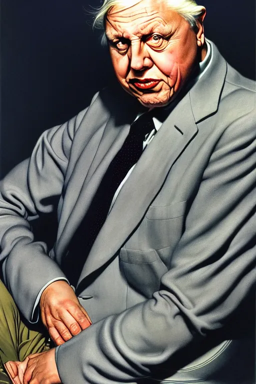 Prompt: david attenborough by gil elvgren and norman rockwell and rob gonsalves and hajime sorayama, hyperrealistic, high detail, ultra detailed, highly detailed face, ruffled fabric