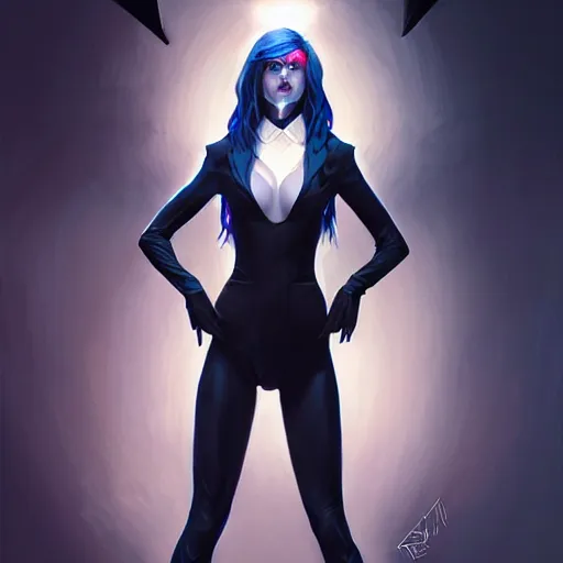 Prompt: girl in large black suit, long blonde hair, trident metal crown, dark grin, blue glowing eyes, dark scene, underlit, highly detailed, smooth concept art, airbrush, by artgerm greg rutkowski artstation