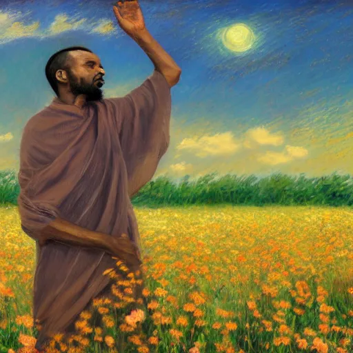 Image similar to a somali man with long hair in a vast field of flowers, relaxing, wide shot, golden hour, vintage, impressionist painting, fine art, oil painting, dreamy, pastel, laughing, happy, intricate details, sharp, peaceful, serene