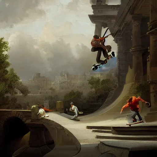 Prompt: skateboarder painting dynamic detailed by hubert robert