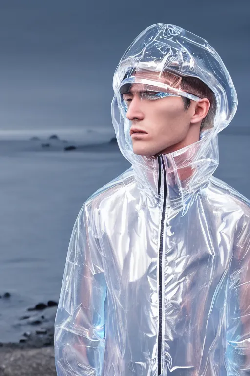 Image similar to an ultra high definition professional high fashion portrait studio full length photograph of a male model wearing a transparent pearlescent raincoat and neon visor in an icelandic black rock environment at dawn. no artefacts. extremely detailed. stark. refraction. shallow depth of field. volumetric light and shadow. ray tracing. light rays.