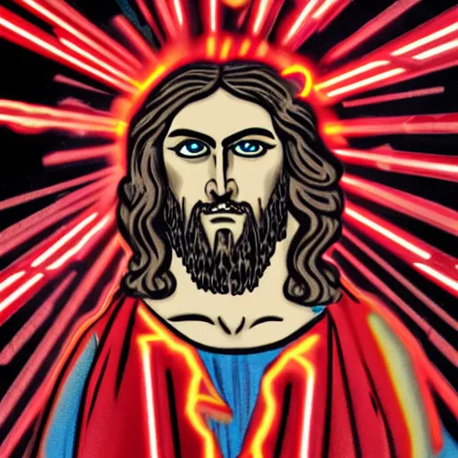 Image similar to Jesus shoot Zeus with red lazers from eyes deep color