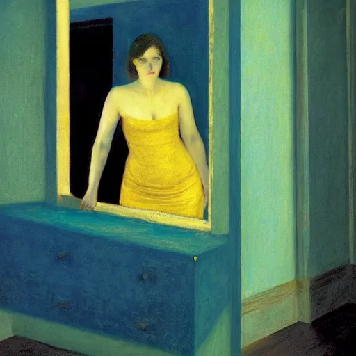 Prompt: close up of a girl in a blue and gold haunted liminal abandoned room, film still by edward hopper, by gottfried helnwein, by klimt, art noveau, highly detailed, strong lights, liminal, eerie, bright pastel colors,