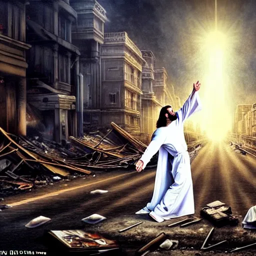 Image similar to jesus christ in a white robe strikes a dramatic dance pose on dead bodies in streets of an apocalyptic metropolis destroyed after war, fantasy art, dramatic lighting, insane details