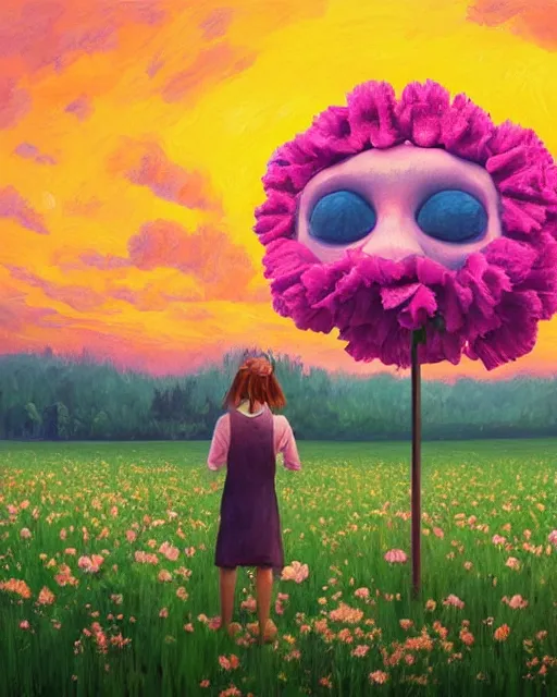 Image similar to girl with a giant carnation as face, surreal photography, flower field, sunset dramatic light, impressionist painting, colorful clouds, blue sky, digital painting, artstation, simon stalenhag