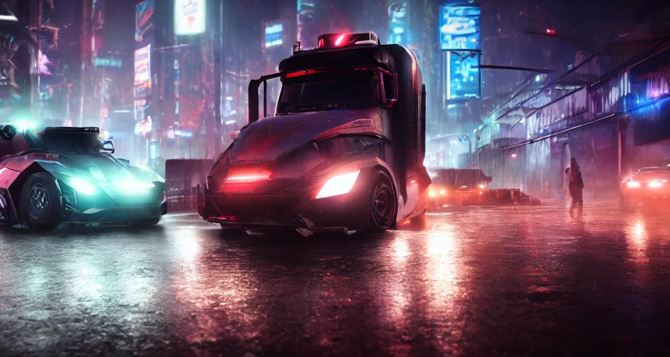 Image similar to closeup photo of combat tesla cybertruck driving on wet dystopian cyberpunk city streets at night, mad max, action, speed, volumetric lighting, hdr, need for speed, gta 5, forza, makoto shinkai, syd mead, craig mullins, cinematic, fast and furious, blade runner, octane, 8 k, iso 1 0 0, 1 2 mm