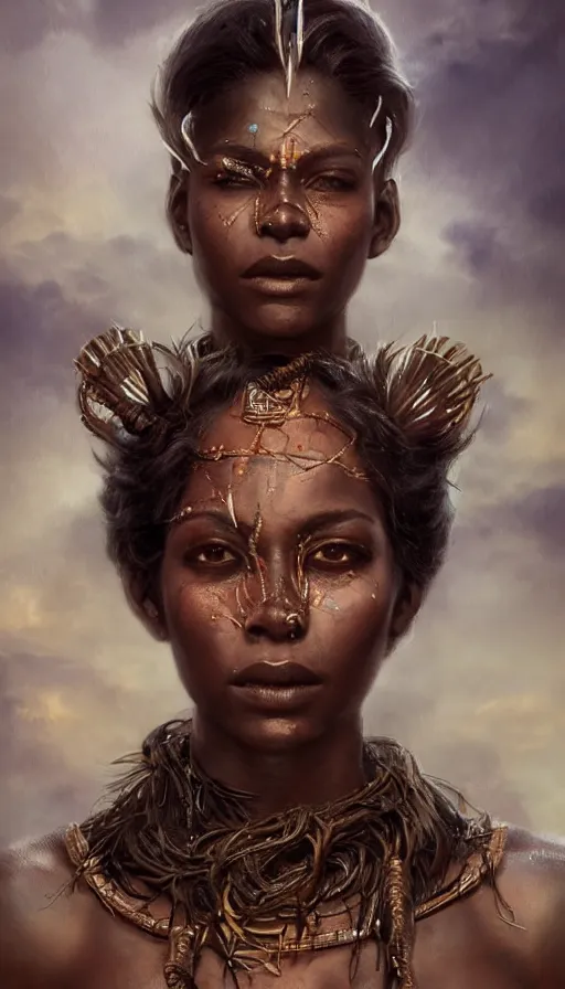 Prompt: epic masterpiece portrait of a dark skin sorceress with a magic wand, on the battlefield, african tribe makeup and jewelry, sweaty skin, hyperrealistic, octane render, cinematic, followed by heads with many faces, beautiful face and flawless skin, perfect hands, emeralds by Edgar Maxence and Ross Tran and Michael Whelan, Legends of Runeterra
