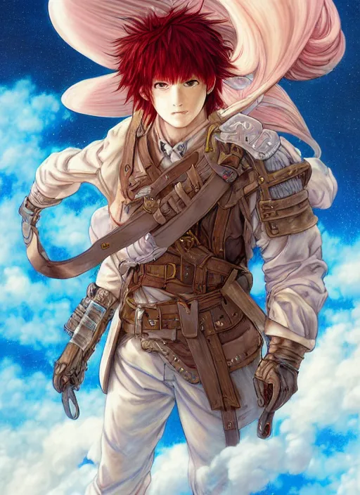 Prompt: prompt : ragnarok online portrait soft light painted by james jean and katsuhiro otomo and erik jones, inspired by akira anime, epic fantasy, a long haired, red headed male sky - pirate in front of an airship, intricate oil painting, high detail illustration, sharp high detail, manga and anime 1 9 9 9