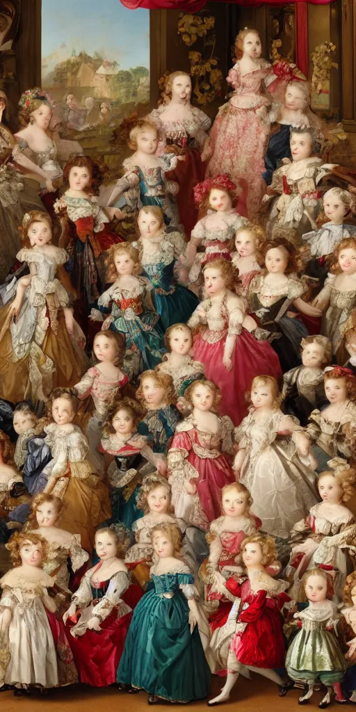 Image similar to Women in baroque dresses, standing in the middle of the room full of toys