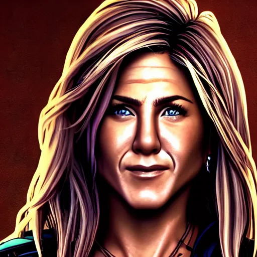 Prompt: jennifer aniston portrait, borderlands, tales from the borderlands, the wolf among us, comic, cinematic lighting, studio quality, 8 k