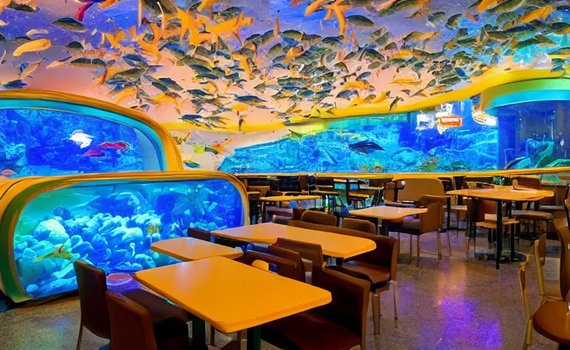 Prompt: inside a fastfood fish restaurant, fluorescent light, bright, atlantis theme, a big aquarium at the wall