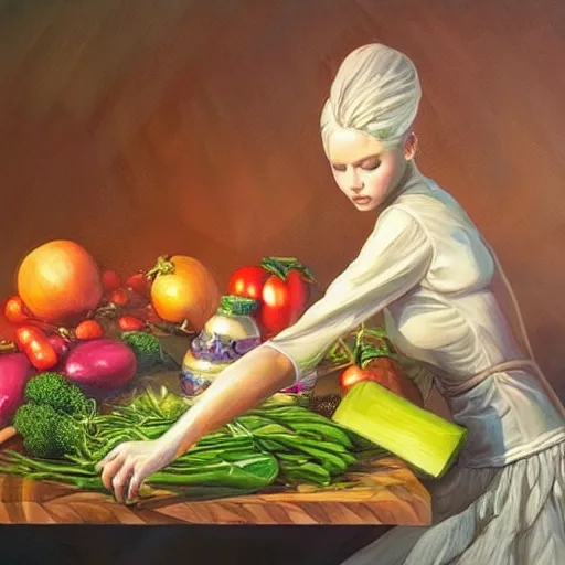 Prompt: a beautiful painting of a gorgeous young mother chopping vegetables on a weathered cutting board, representative of the art style of artgerm and wlop and peter mohrbacher