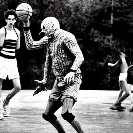 Prompt: Freddy Krueger playing basketball with Jason Voorhees