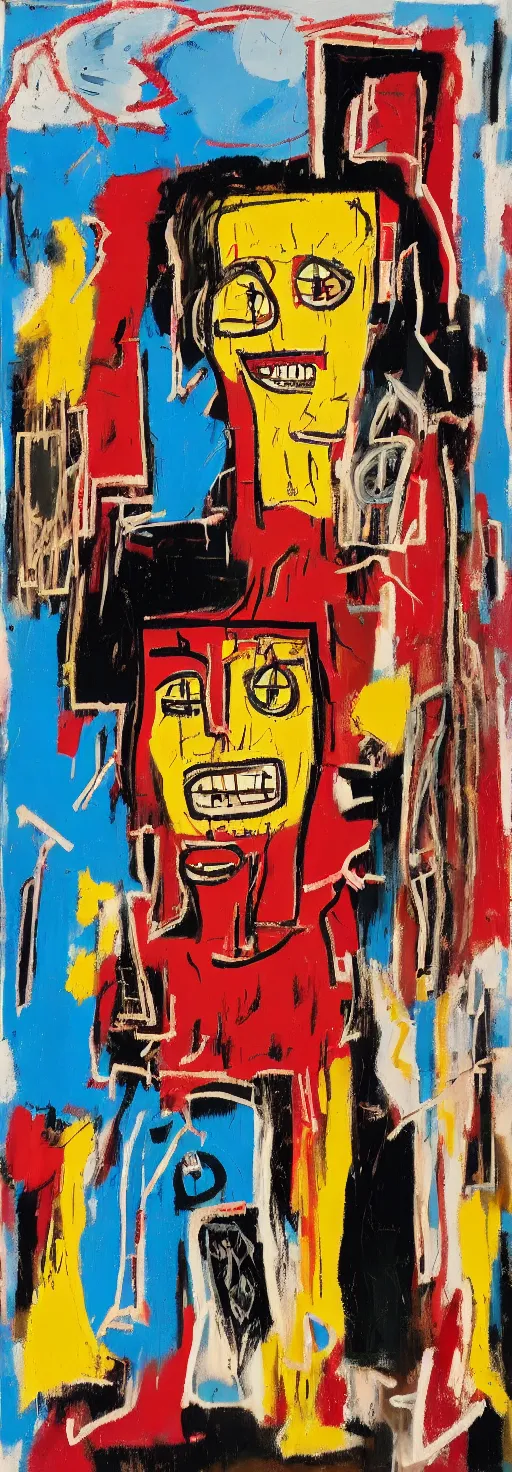 Image similar to young woman taking a selfie and smiling whilst a barn burns down in the background, jean - michel basquiat, soft edges, subtle calm and serene painting