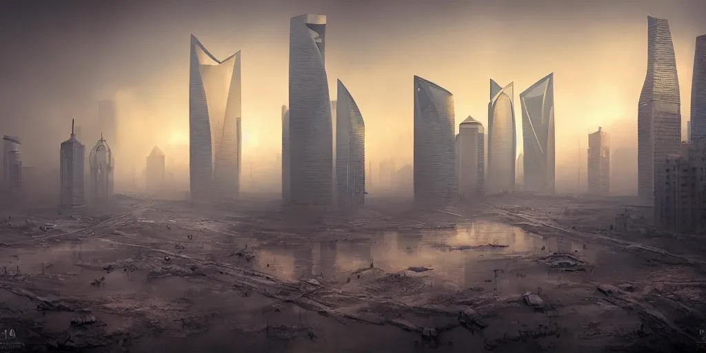 Prompt: nuclear winter, shanghai city, near future, fantasy, sci - fi, hyper realistic, serene, morning.