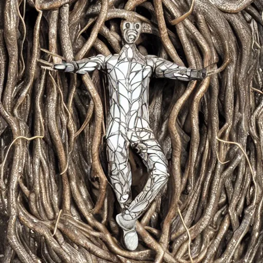 Image similar to a human man statue stuck in a cosmic tree, a sense of awe, amazement, monogon, plasma display, wooden, silver, mercury, damascus, armature wire, multiscopy, morph, in a symbolic and meaningful style, insanely detailed and intricate, hypermaximalist, elegant, ornate, hyper realistic, super detailed,