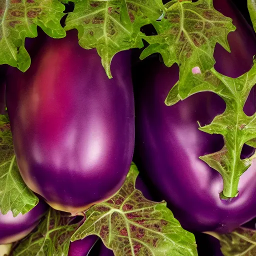 Image similar to a ornate detailed red and purple glowing eggplant, an eggplant fruit still on the vine