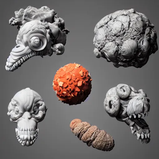 Prompt: a close up of a bunch of different items, an ambient occlusion render by alberto seveso, zbrush central, vanitas, lovecraftian, biomorphic, rendered in cinema 4 d