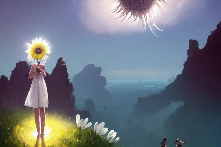 Prompt: giant white daisy flower over face, girl jumping on cliff, surreal photography, solar eclipse, milky way, dramatic light, impressionist painting, clouds, digital painting, artstation, james gilleard, liam wong, jeremy mann, simon stalenhag